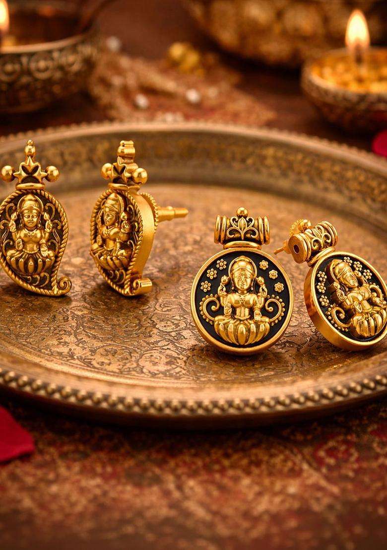 Circular Oxidised Gold Anti Tarnish Temple Ear Studs for Women | Traditional Temple Jewellery for Wedding & Festive Wear | Gift for Her - Indya