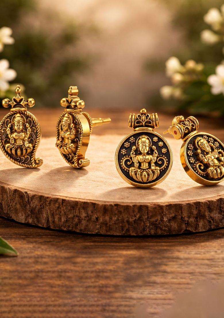 Circular Oxidised Gold Anti Tarnish Temple Ear Studs for Women | Traditional Temple Jewellery for Wedding & Festive Wear | Gift for Her - Indya