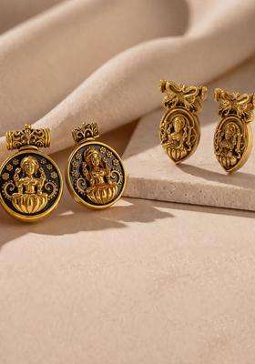 Circular Oxidised Gold Anti Tarnish Temple Ear Studs for Women | Traditional Temple Jewellery for Wedding & Festive Wear | Gift for Her