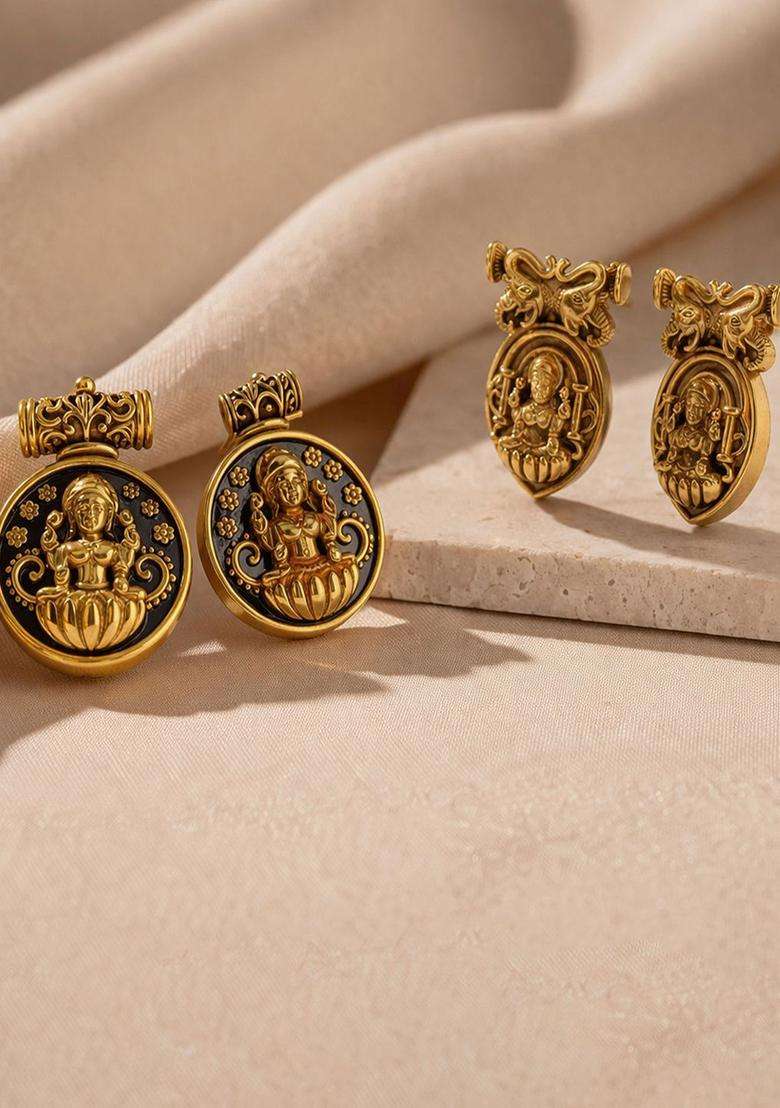 Circular Oxidised Gold Anti Tarnish Temple Ear Studs for Women | Traditional Temple Jewellery for Wedding & Festive Wear | Gift for Her - Indya