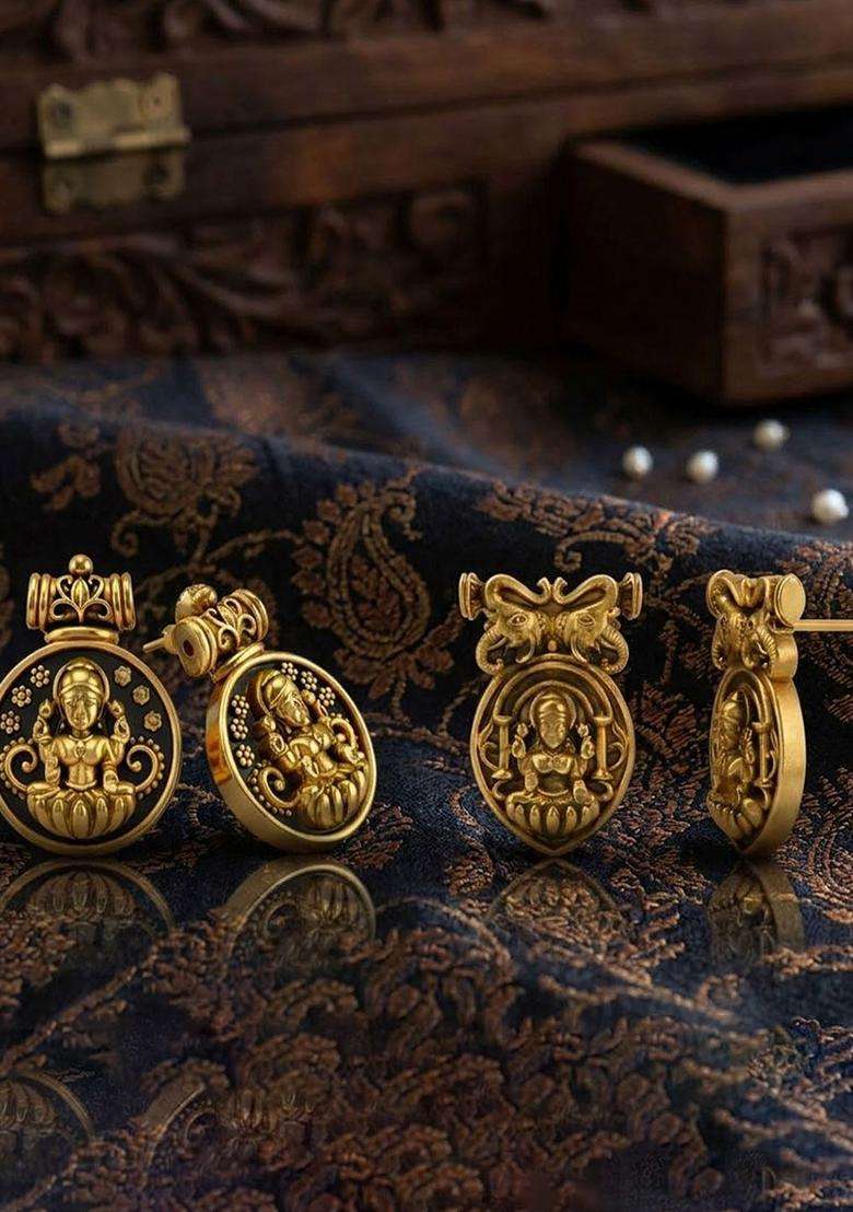 Circular Oxidised Gold Anti Tarnish Temple Ear Studs for Women | Traditional Temple Jewellery for Wedding & Festive Wear | Gift for Her - Indya