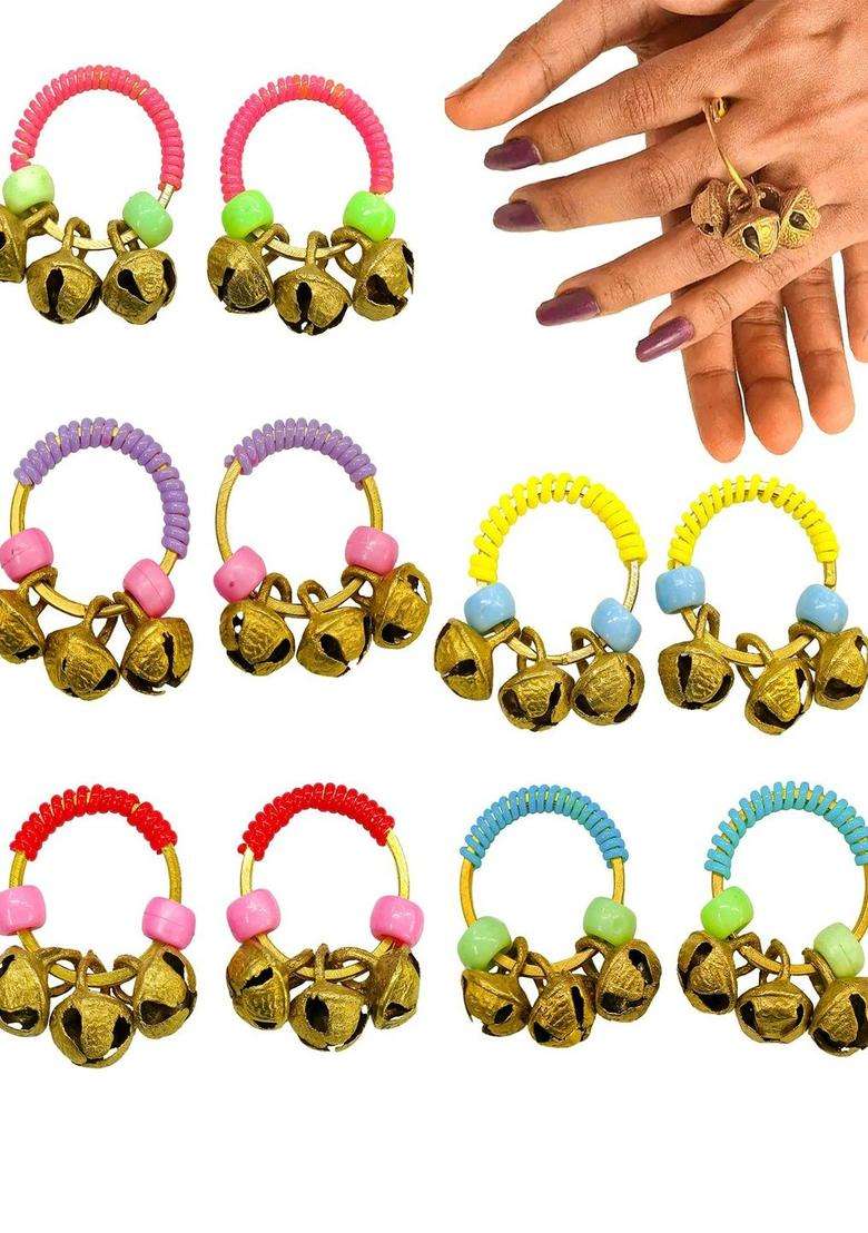Set of 5 Gold-Plated Temple Beaded Finger Ring for Women | Traditional Temple Jewellery for Wedding & Festive Wear | Gift for Her - Indya