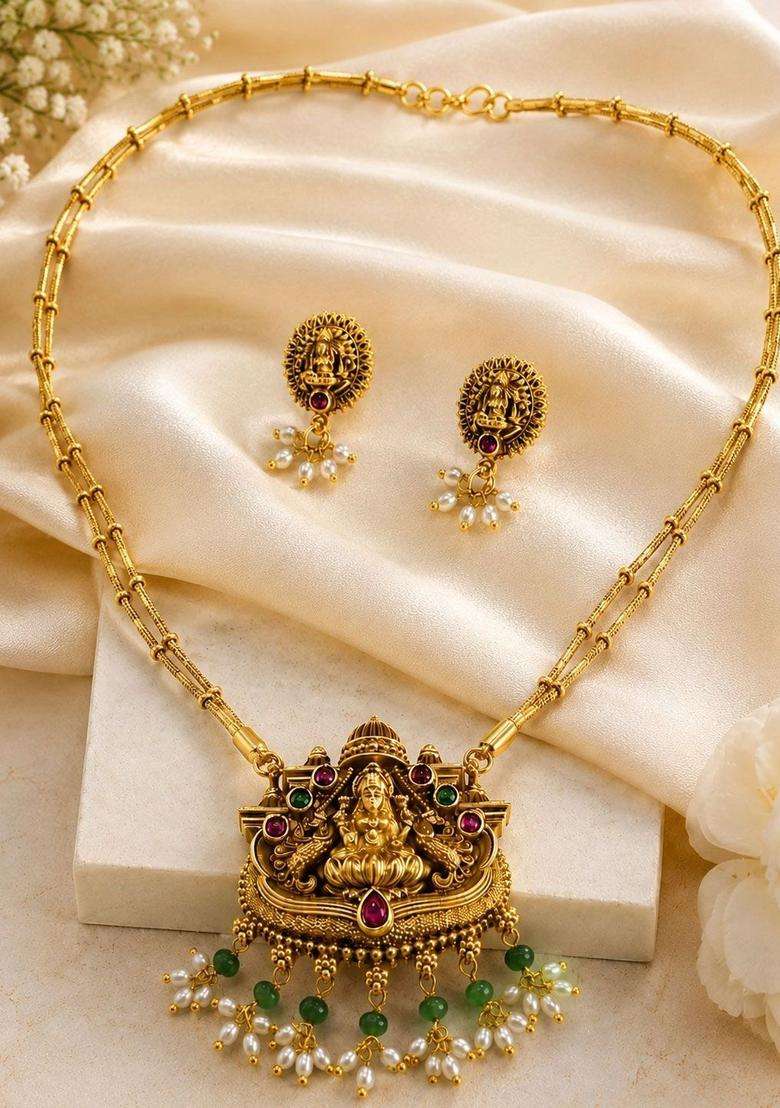 Gold-Plated Temple Necklace with Pearl for Women | Traditional Temple Jewellery for Wedding & Festive Wear | Gift for Her - Indya