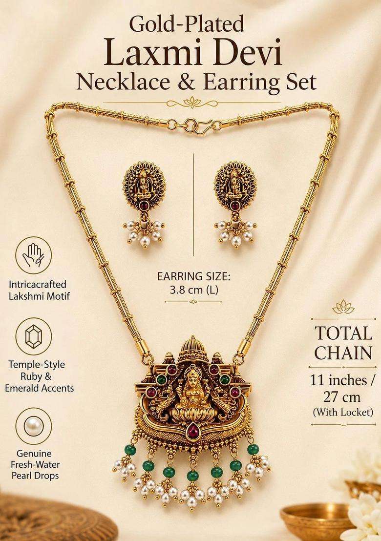 Gold-Plated Temple Necklace with Pearl for Women | Traditional Temple Jewellery for Wedding & Festive Wear | Gift for Her - Indya