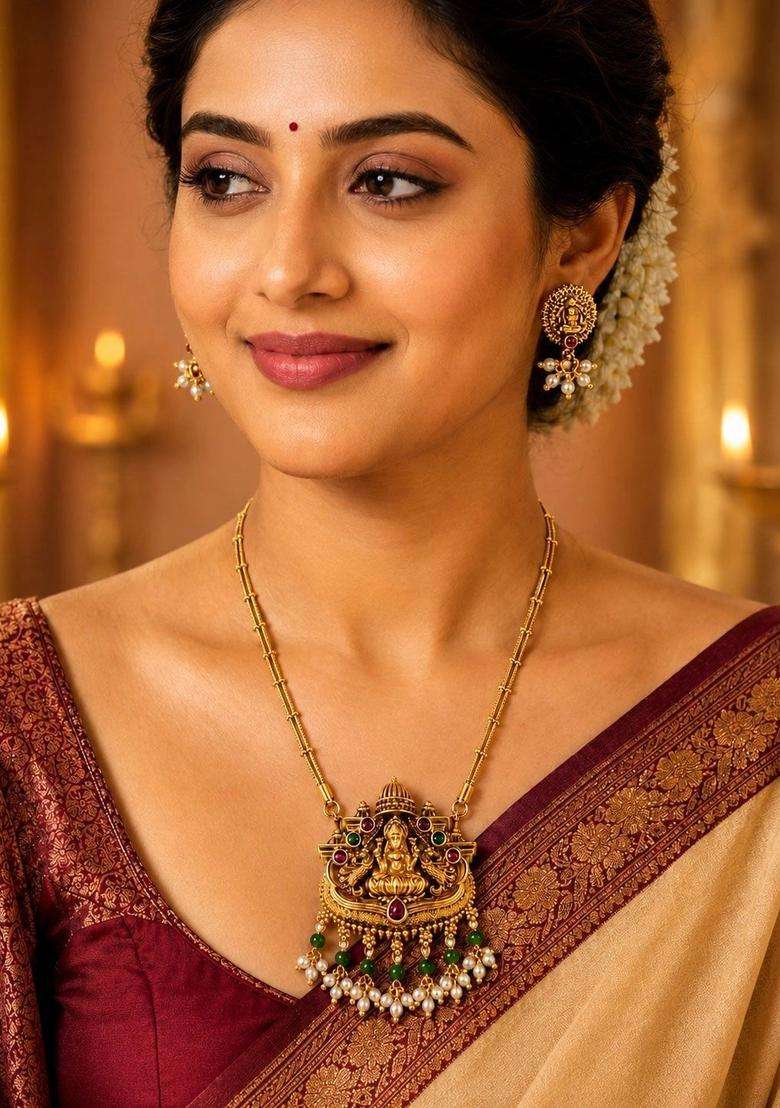 Gold-Plated Temple Necklace with Pearl for Women | Traditional Temple Jewellery for Wedding & Festive Wear | Gift for Her - Indya
