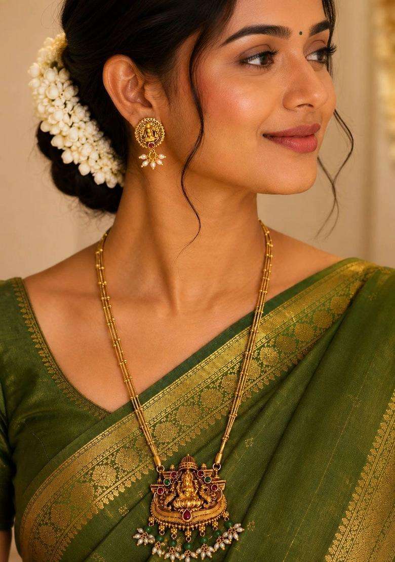 Gold-Plated Temple Necklace with Pearl for Women | Traditional Temple Jewellery for Wedding & Festive Wear | Gift for Her - Indya