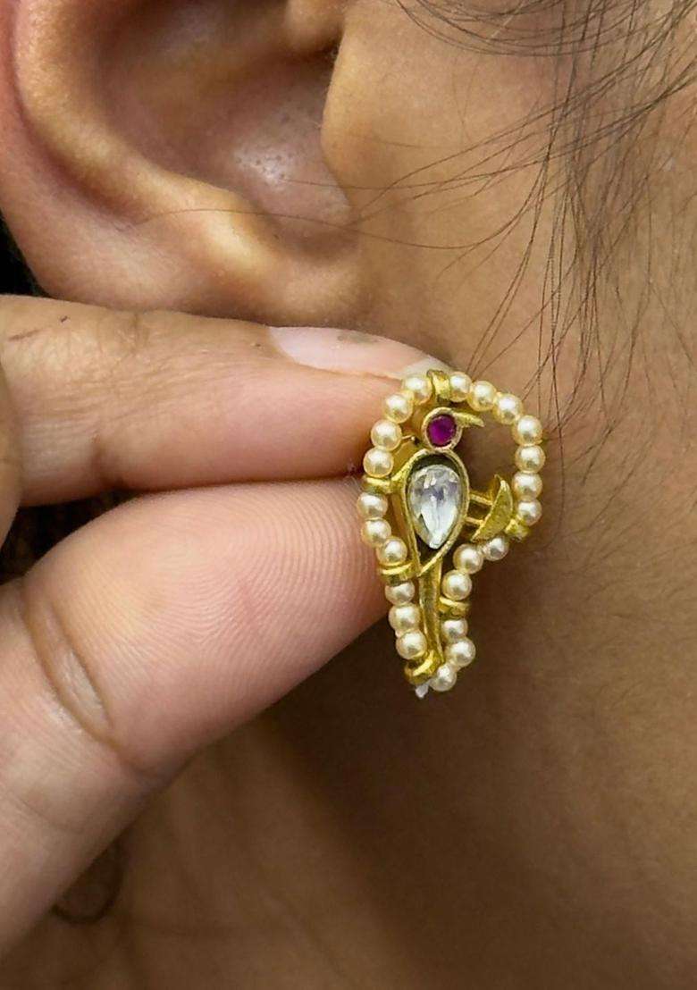 Gold-Plated Paisley Shaped Studs Earrings with Kundan for Women | Traditional Temple Jewellery for Wedding & Festive Wear | Gift for Her - Indya