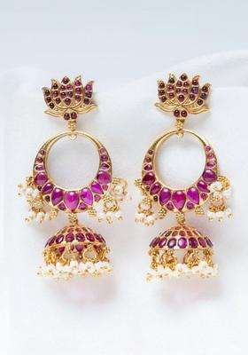 Gold-Plated Floral Jhumkas Earrings with Ruby Stone for Women | Traditional Temple Jewellery for Wedding & Festive Wear | Gift for Her