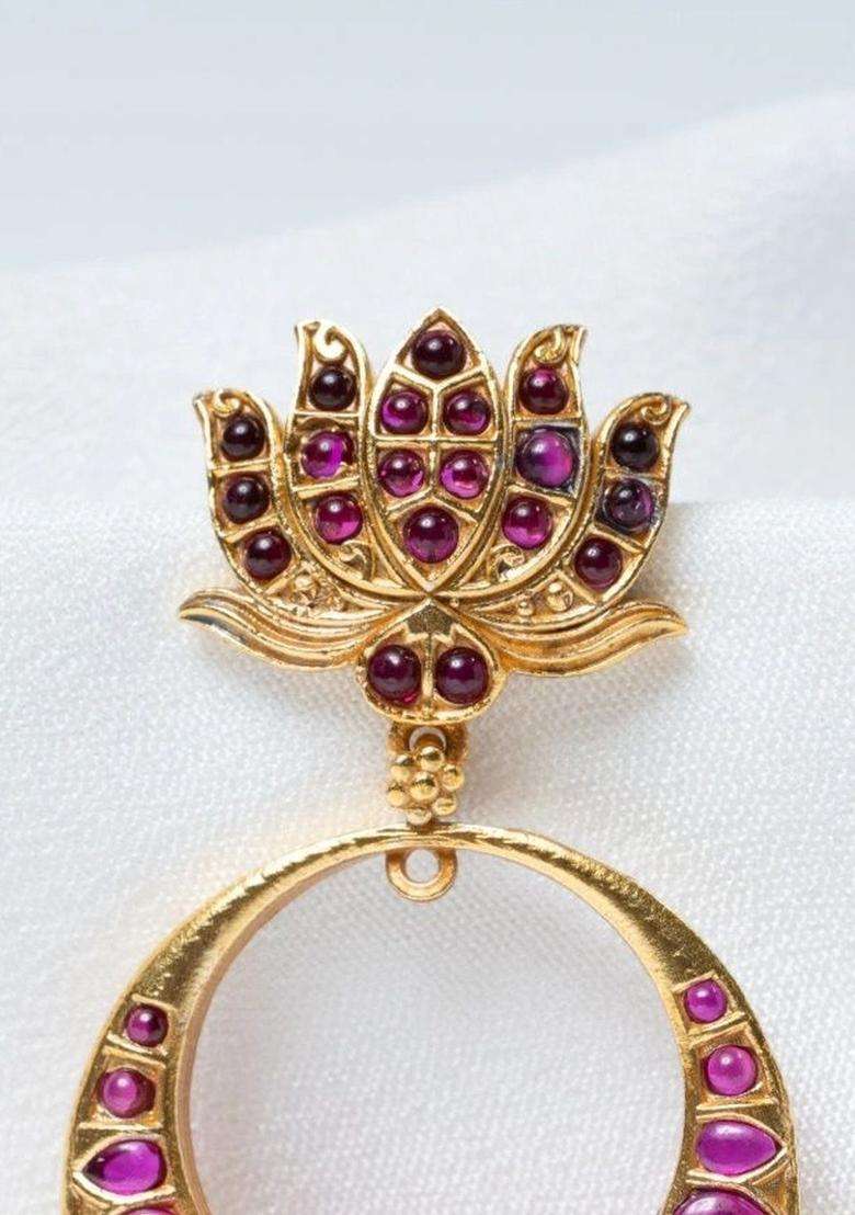 Gold-Plated Floral Jhumkas Earrings with Ruby Stone for Women | Traditional Temple Jewellery for Wedding & Festive Wear | Gift for Her - Indya