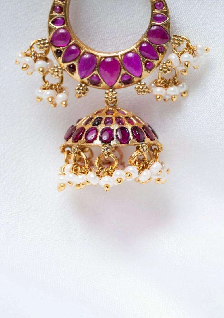 Gold-Plated Floral Jhumkas Earrings with Ruby Stone for Women | Traditional Temple Jewellery for Wedding & Festive Wear | Gift for Her - Indya