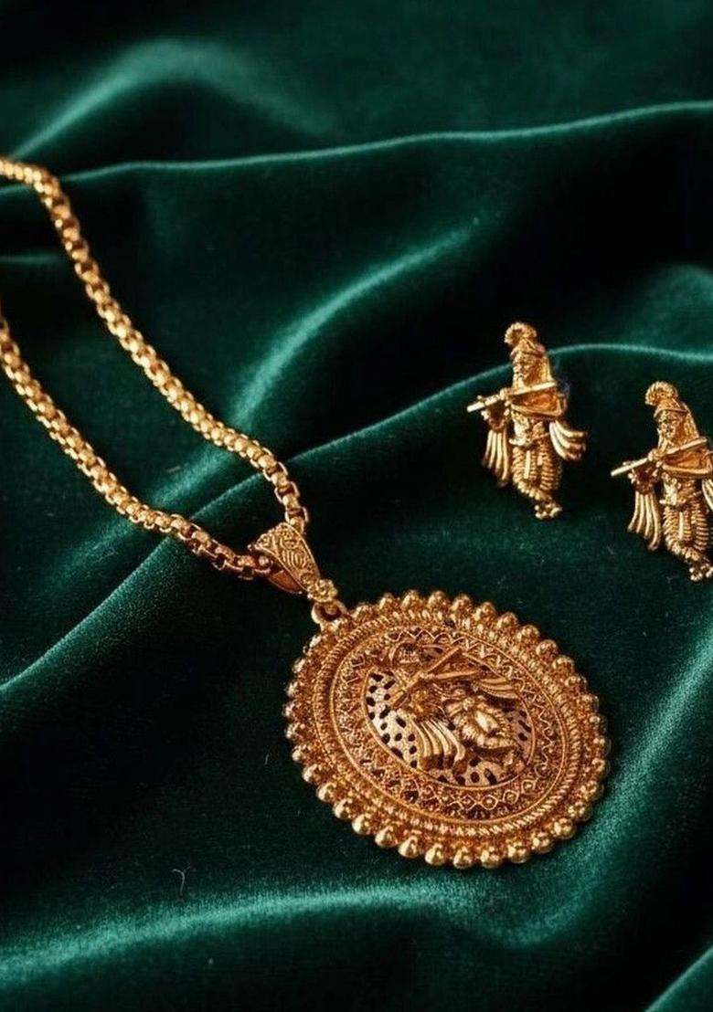 Gold-Plated Temple Pendant and Earrings for Women | Traditional Temple Jewellery for Wedding & Festive Wear | Gift for Her - Indya