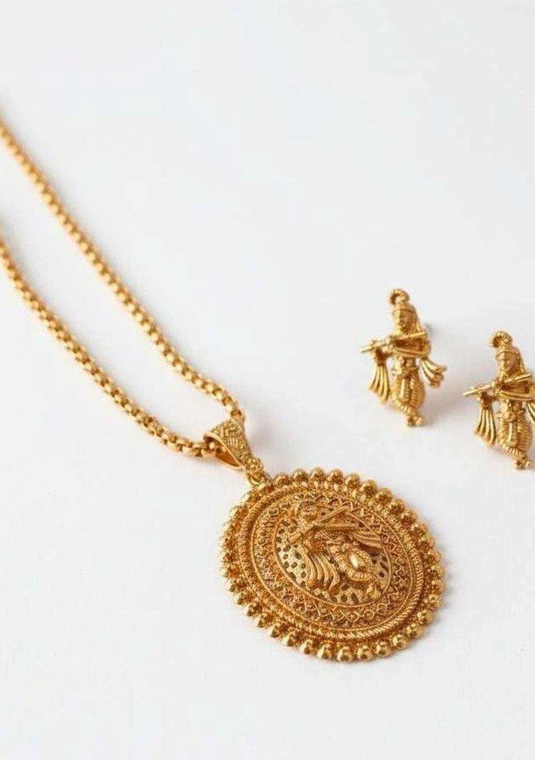 Gold-Plated Temple Pendant and Earrings for Women | Traditional Temple Jewellery for Wedding & Festive Wear | Gift for Her - Indya