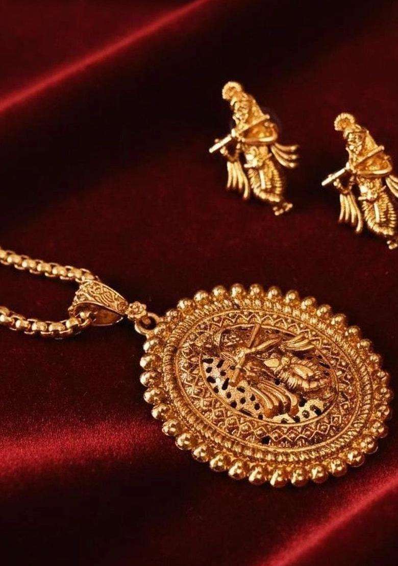 Gold-Plated Temple Pendant and Earrings for Women | Traditional Temple Jewellery for Wedding & Festive Wear | Gift for Her - Indya