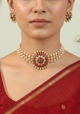 Brass Gold-Plated Temple Necklace with Zircon for Women | Traditional Temple Jewellery for Wedding & Festive Wear | Gift for Her