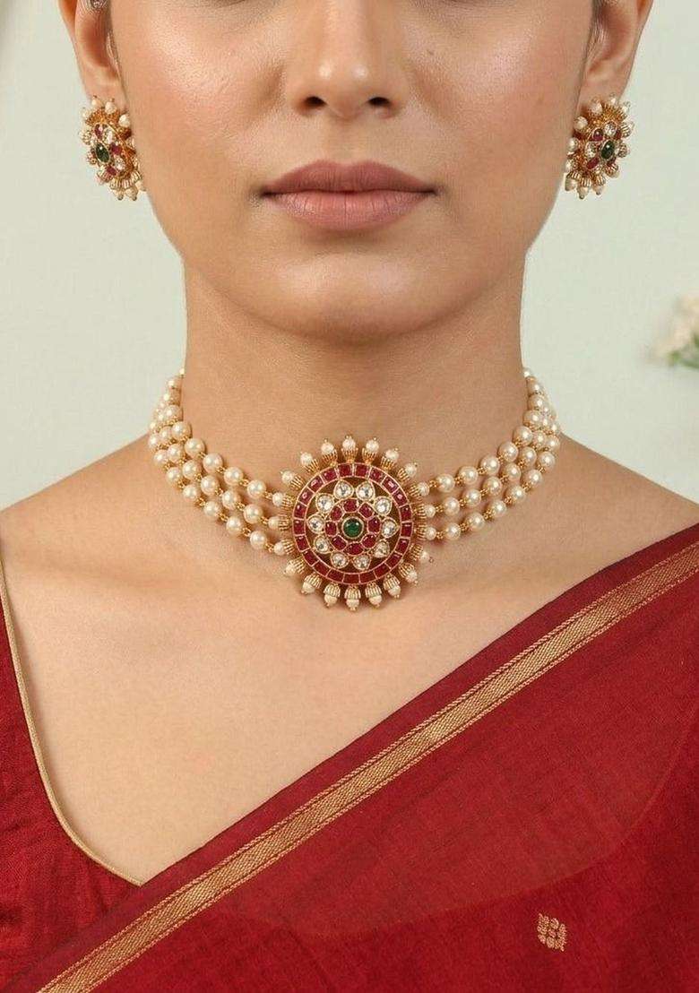 Brass Gold-Plated Temple Necklace with Zircon for Women | Traditional Temple Jewellery for Wedding & Festive Wear | Gift for Her - Indya