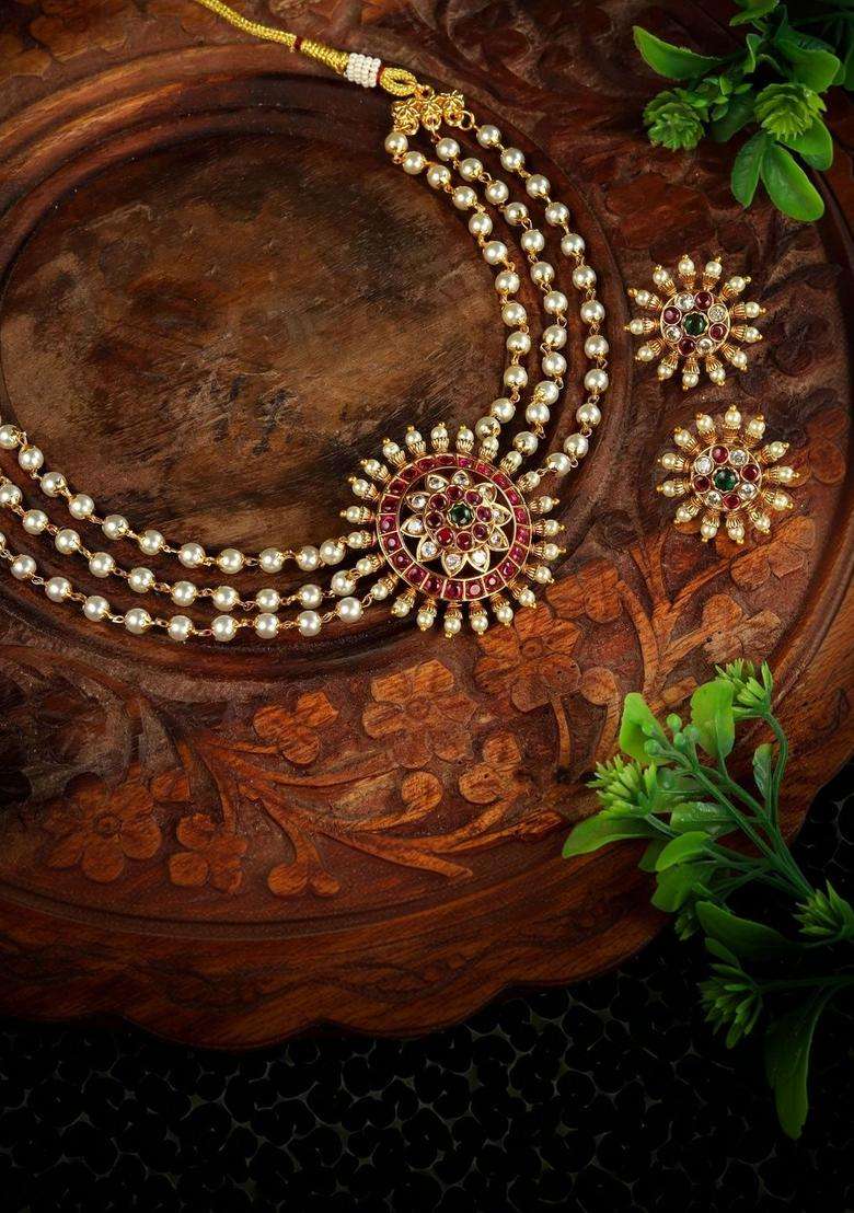 Brass Gold-Plated Temple Necklace with Zircon for Women | Traditional Temple Jewellery for Wedding & Festive Wear | Gift for Her - Indya