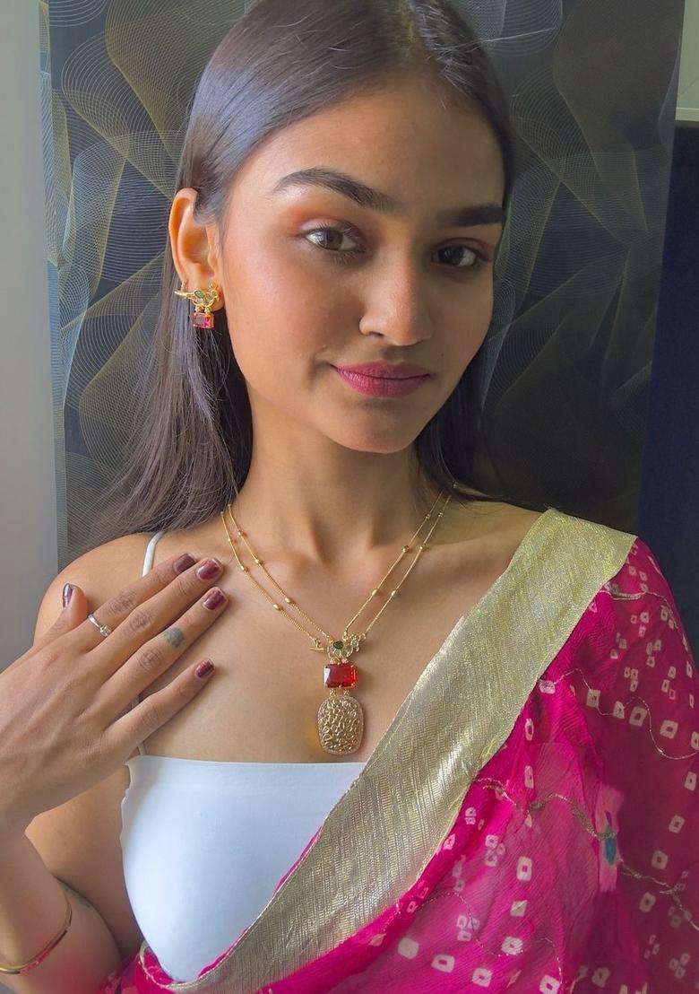Brass Gold-Plated Necklace with Zircon for Women | Traditional Temple Jewellery for Wedding & Festive Wear | Gift for Her - Indya