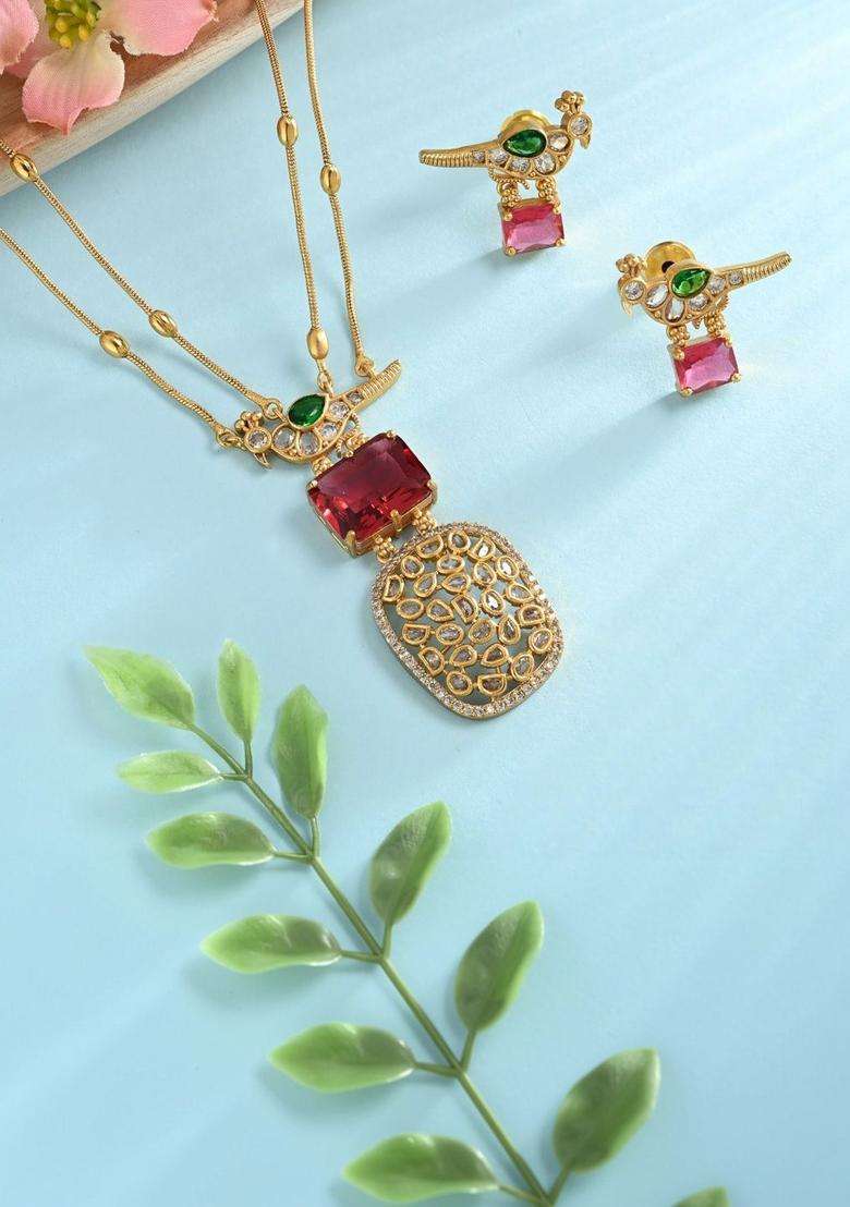 Brass Gold-Plated Necklace with Zircon for Women | Traditional Temple Jewellery for Wedding & Festive Wear | Gift for Her - Indya