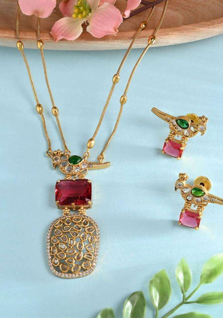Brass Gold-Plated Necklace with Zircon for Women | Traditional Temple Jewellery for Wedding & Festive Wear | Gift for Her - Indya