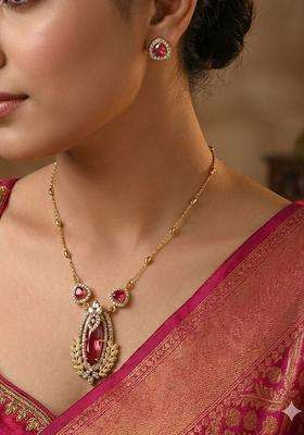 Brass Gold-Plated Necklace with Zircon for Women | Traditional Temple Jewellery for Wedding & Festive Wear | Gift for Her