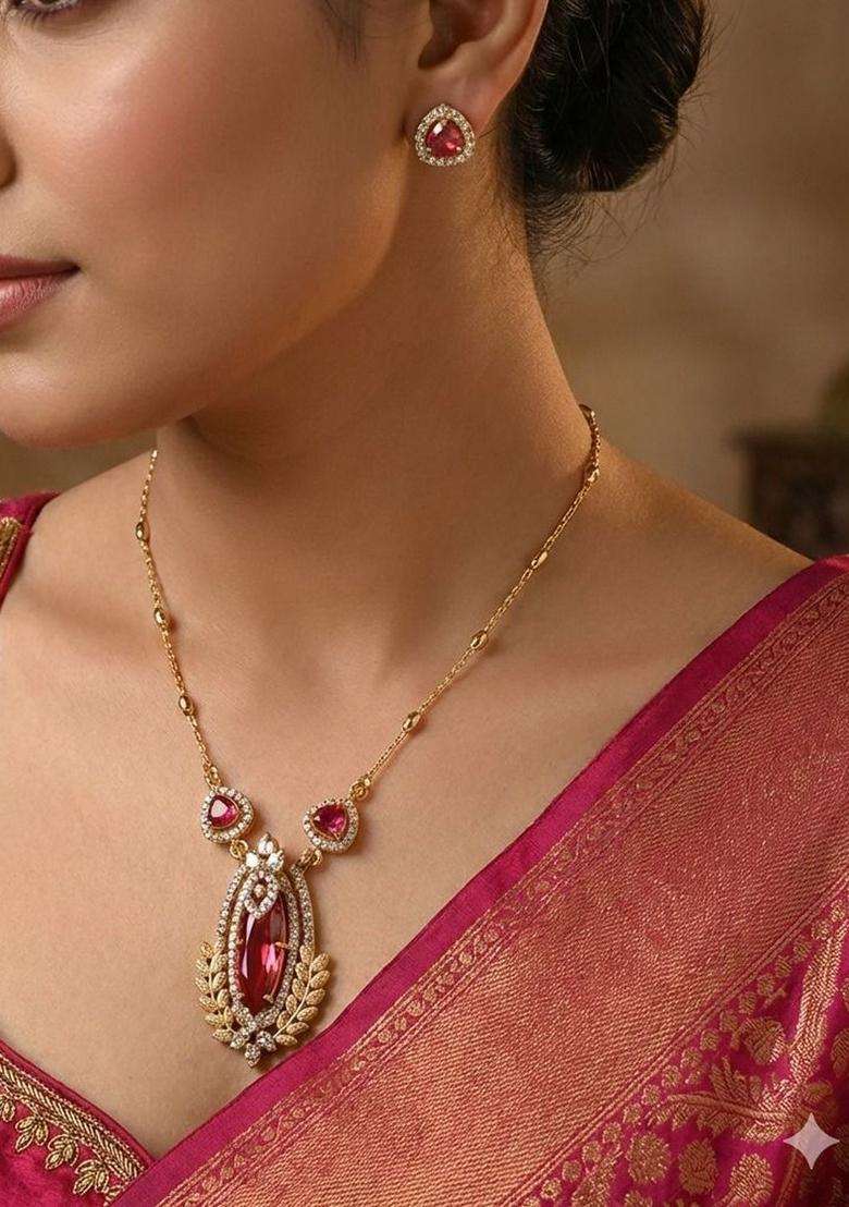 Brass Gold-Plated Necklace with Zircon for Women | Traditional Temple Jewellery for Wedding & Festive Wear | Gift for Her - Indya