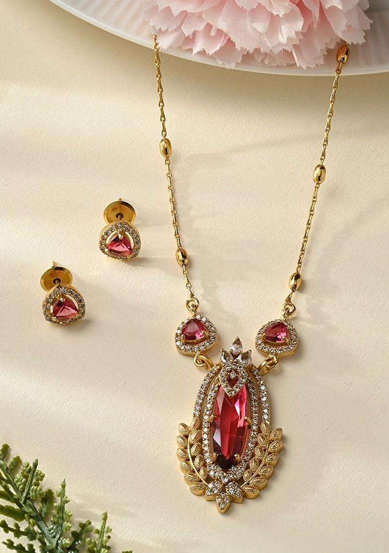 Brass Gold-Plated Necklace with Zircon for Women | Traditional Temple Jewellery for Wedding & Festive Wear | Gift for Her - Indya