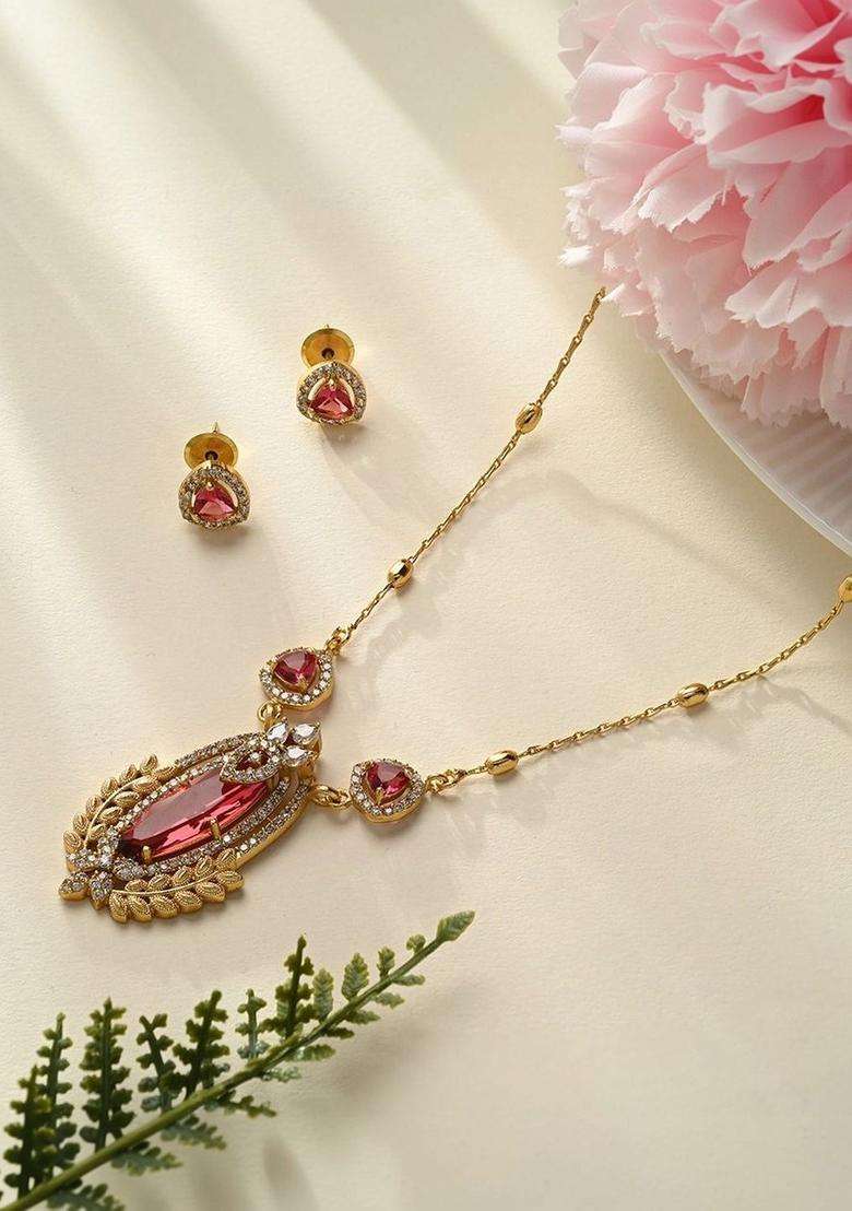 Brass Gold-Plated Necklace with Zircon for Women | Traditional Temple Jewellery for Wedding & Festive Wear | Gift for Her - Indya
