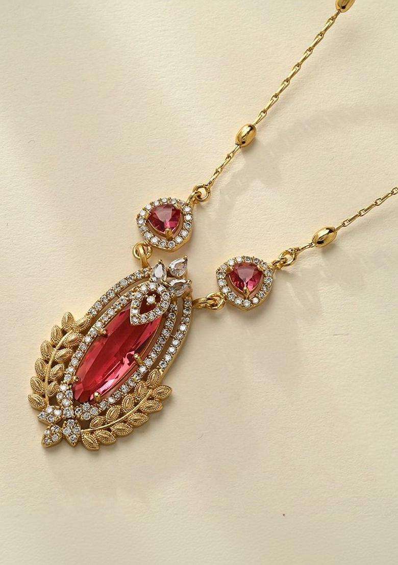 Brass Gold-Plated Necklace with Zircon for Women | Traditional Temple Jewellery for Wedding & Festive Wear | Gift for Her - Indya
