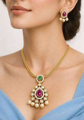 Brass Gold-Plated Necklace with Zircon for Women | Traditional Temple Jewellery for Wedding & Festive Wear | Gift for Her