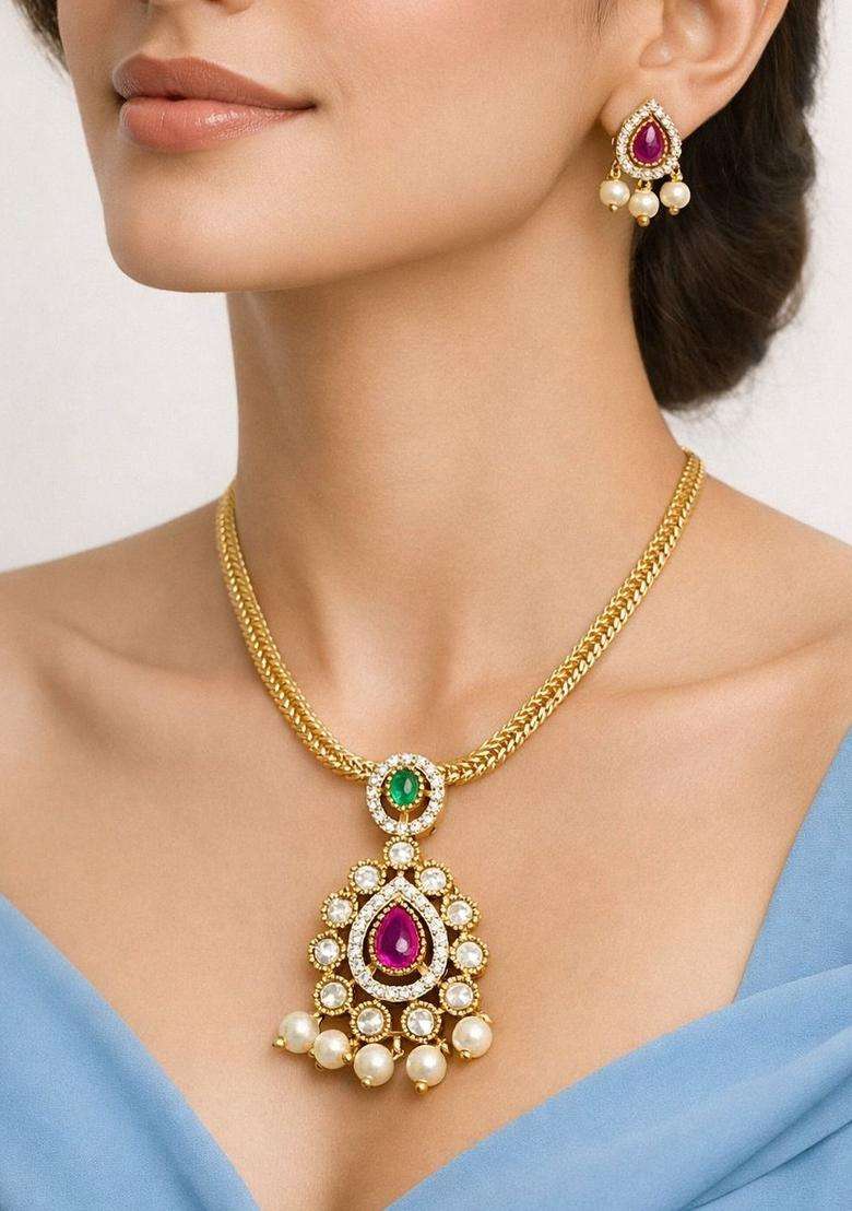 Brass Gold-Plated Necklace with Zircon for Women | Traditional Temple Jewellery for Wedding & Festive Wear | Gift for Her - Indya