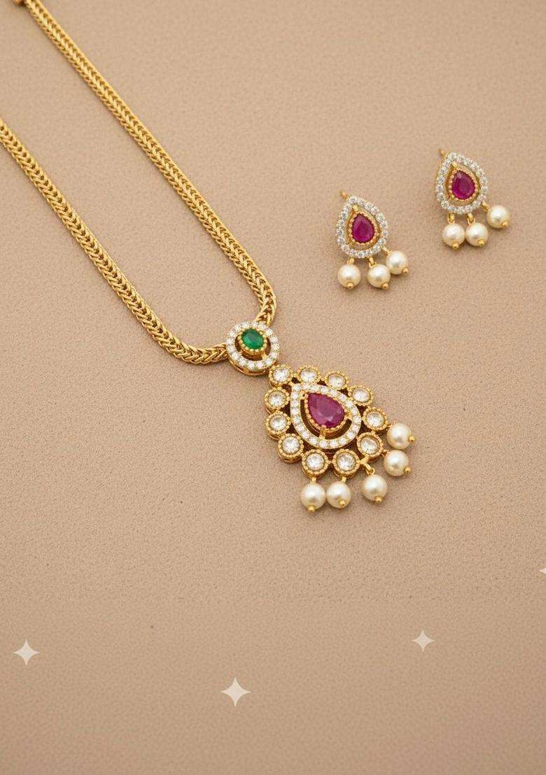 Brass Gold-Plated Necklace with Zircon for Women | Traditional Temple Jewellery for Wedding & Festive Wear | Gift for Her - Indya