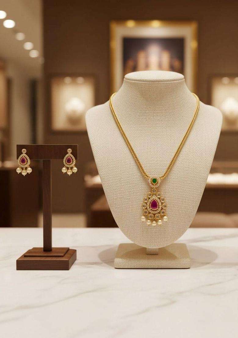 Brass Gold-Plated Necklace with Zircon for Women | Traditional Temple Jewellery for Wedding & Festive Wear | Gift for Her - Indya