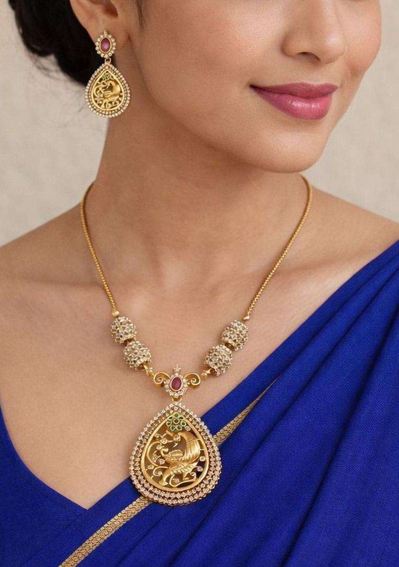 Brass Gold-Plated Necklace with Zircon for Women | Traditional Temple Jewellery for Wedding & Festive Wear | Gift for Her - Indya