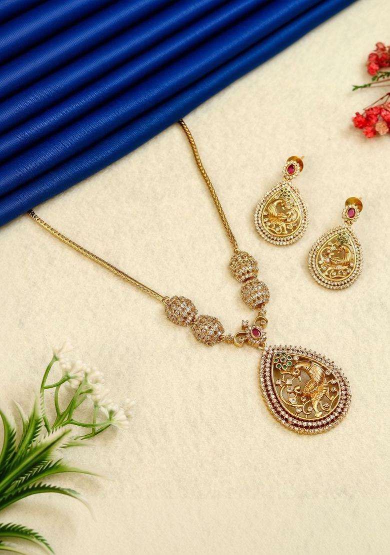 Brass Gold-Plated Necklace with Zircon for Women | Traditional Temple Jewellery for Wedding & Festive Wear | Gift for Her - Indya