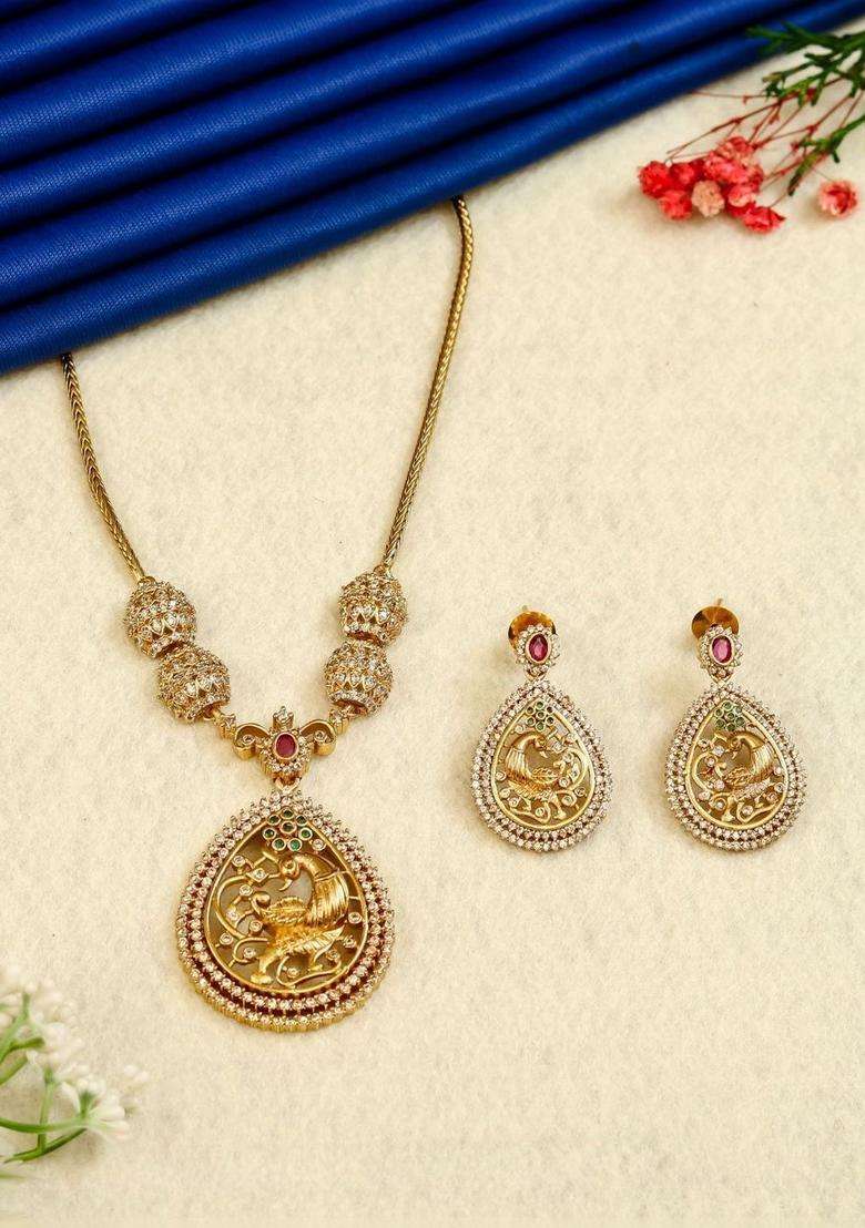 Brass Gold-Plated Necklace with Zircon for Women | Traditional Temple Jewellery for Wedding & Festive Wear | Gift for Her - Indya