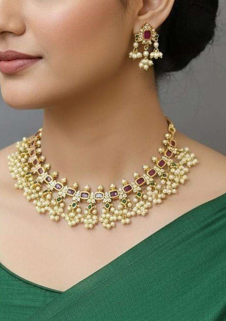 Brass Gold-Plated Necklace with Zircon for Women | Traditional Temple Jewellery for Wedding & Festive Wear | Gift for Her - Indya
