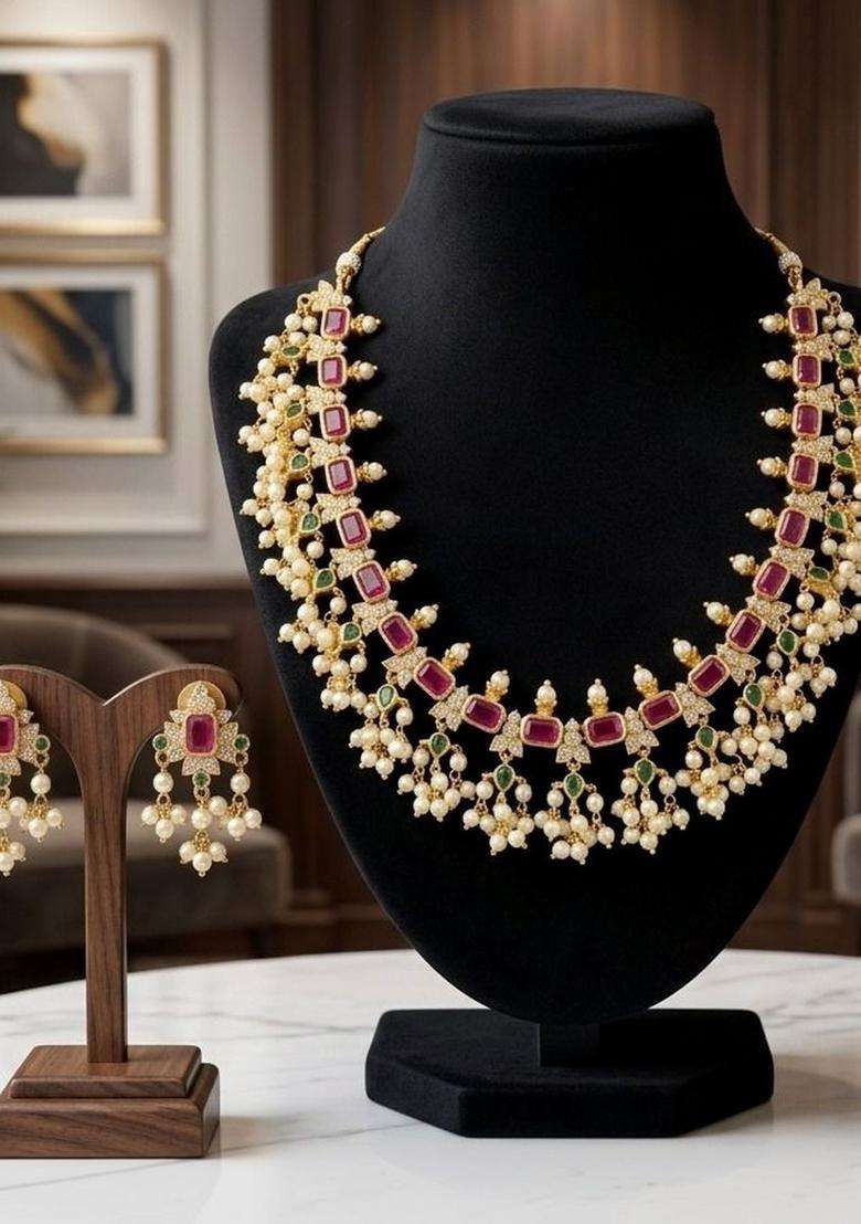 Brass Gold-Plated Necklace with Zircon for Women | Traditional Temple Jewellery for Wedding & Festive Wear | Gift for Her - Indya