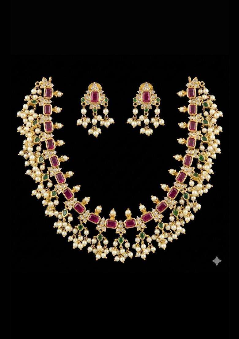 Brass Gold-Plated Necklace with Zircon for Women | Traditional Temple Jewellery for Wedding & Festive Wear | Gift for Her - Indya