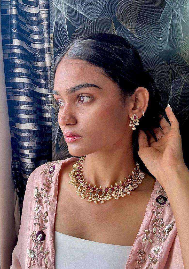 Brass Gold-Plated Necklace with Zircon for Women | Traditional Temple Jewellery for Wedding & Festive Wear | Gift for Her - Indya