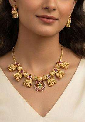 Brass Gold-Plated Necklace with Zircon for Women | Traditional Temple Jewellery for Wedding & Festive Wear | Gift for Her