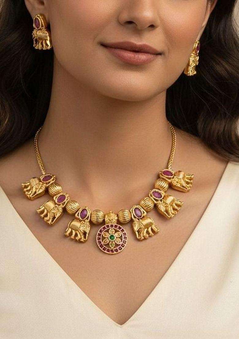 Brass Gold-Plated Necklace with Zircon for Women | Traditional Temple Jewellery for Wedding & Festive Wear | Gift for Her - Indya