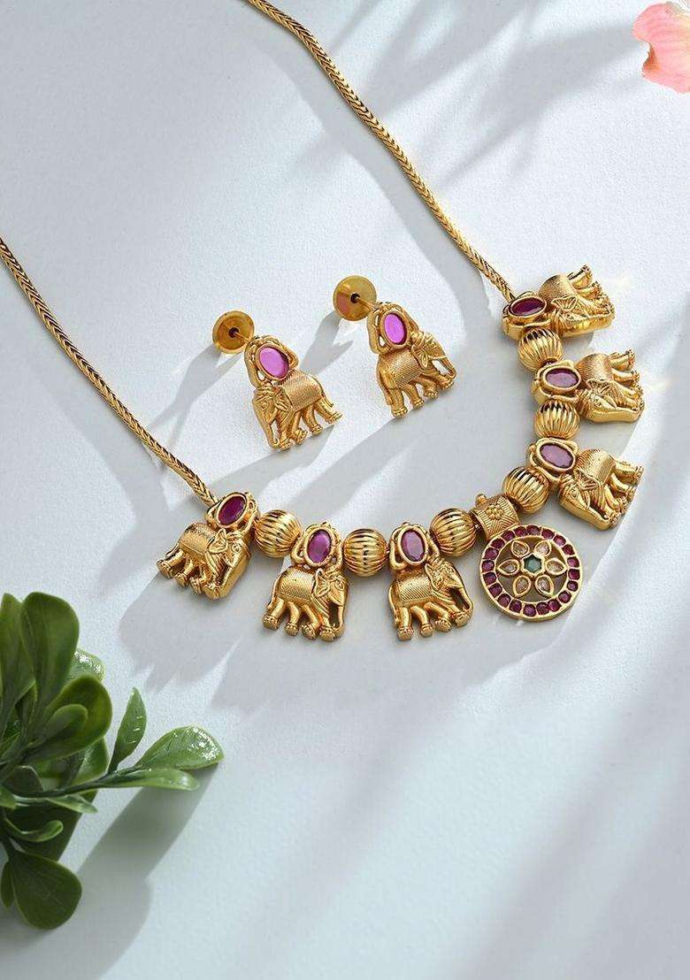 Brass Gold-Plated Necklace with Zircon for Women | Traditional Temple Jewellery for Wedding & Festive Wear | Gift for Her - Indya