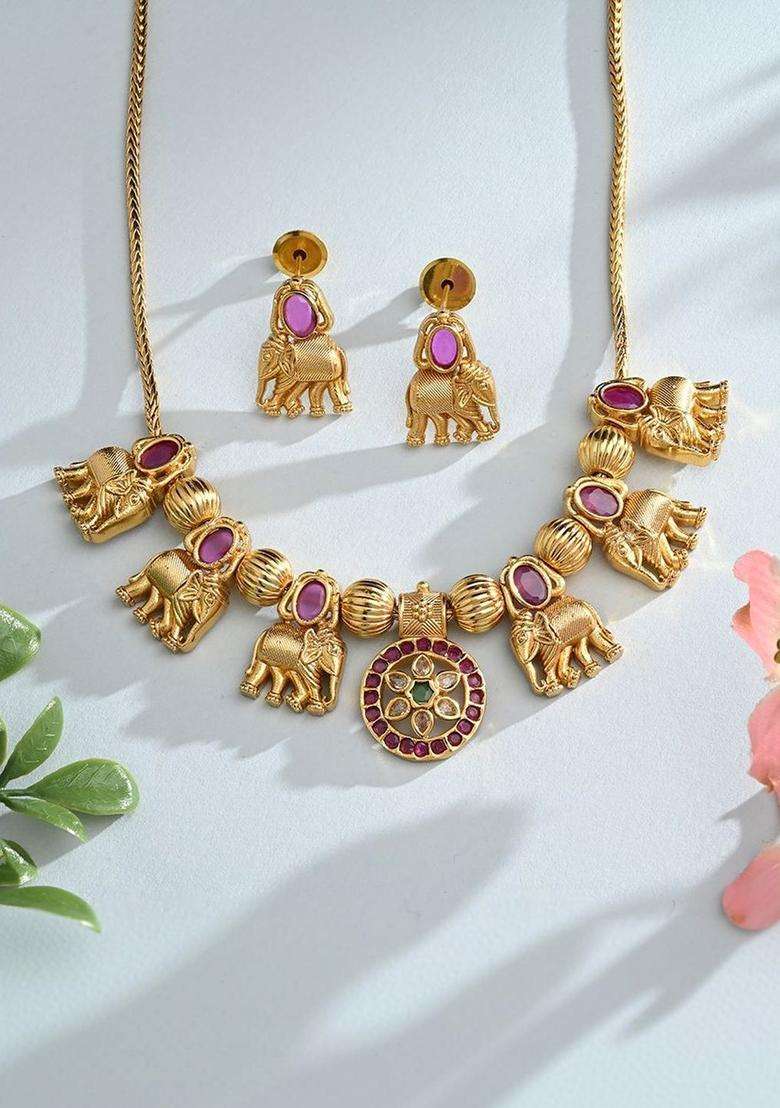 Brass Gold-Plated Necklace with Zircon for Women | Traditional Temple Jewellery for Wedding & Festive Wear | Gift for Her - Indya