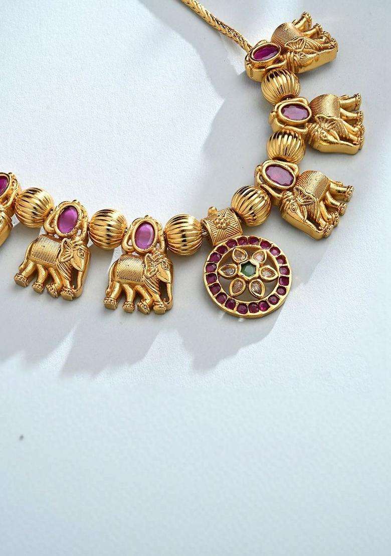 Brass Gold-Plated Necklace with Zircon for Women | Traditional Temple Jewellery for Wedding & Festive Wear | Gift for Her - Indya