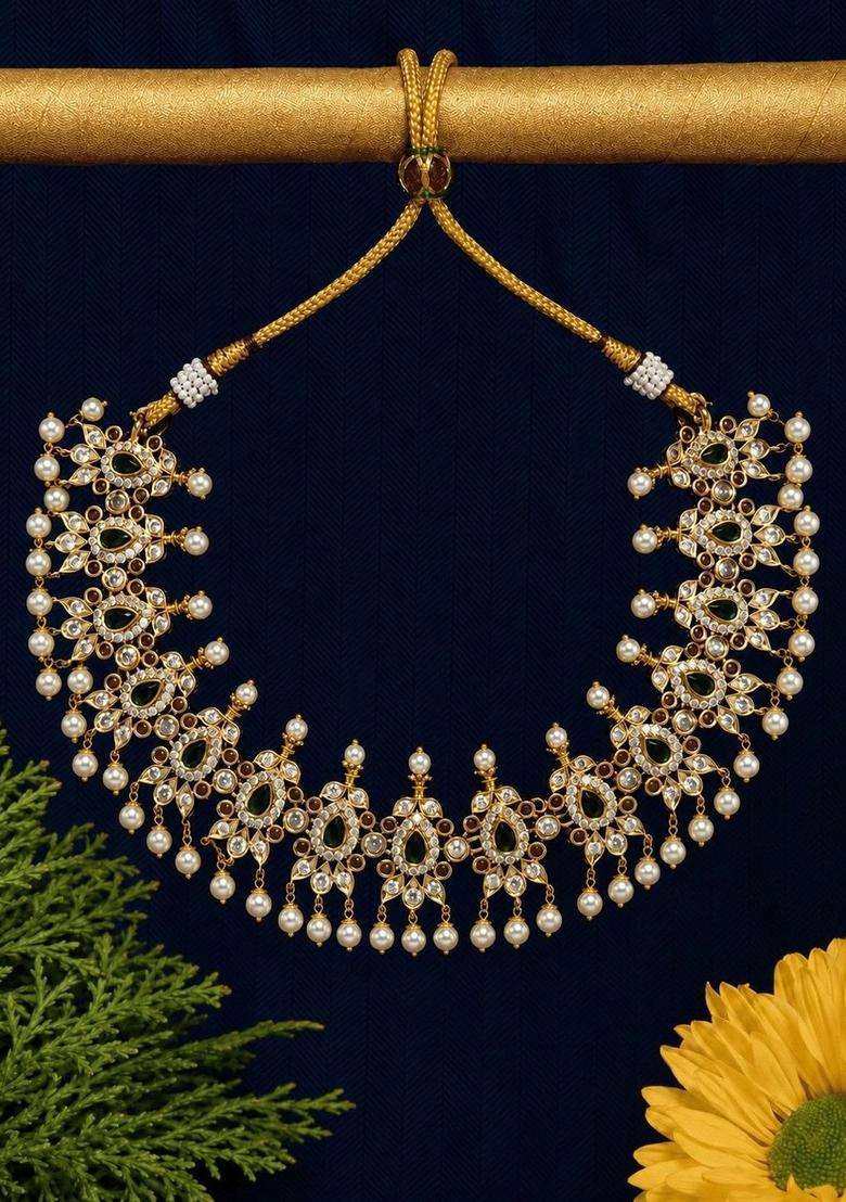 Brass Gold-Plated Necklace with Zircon for Women | Traditional Temple Jewellery for Wedding & Festive Wear | Gift for Her - Indya