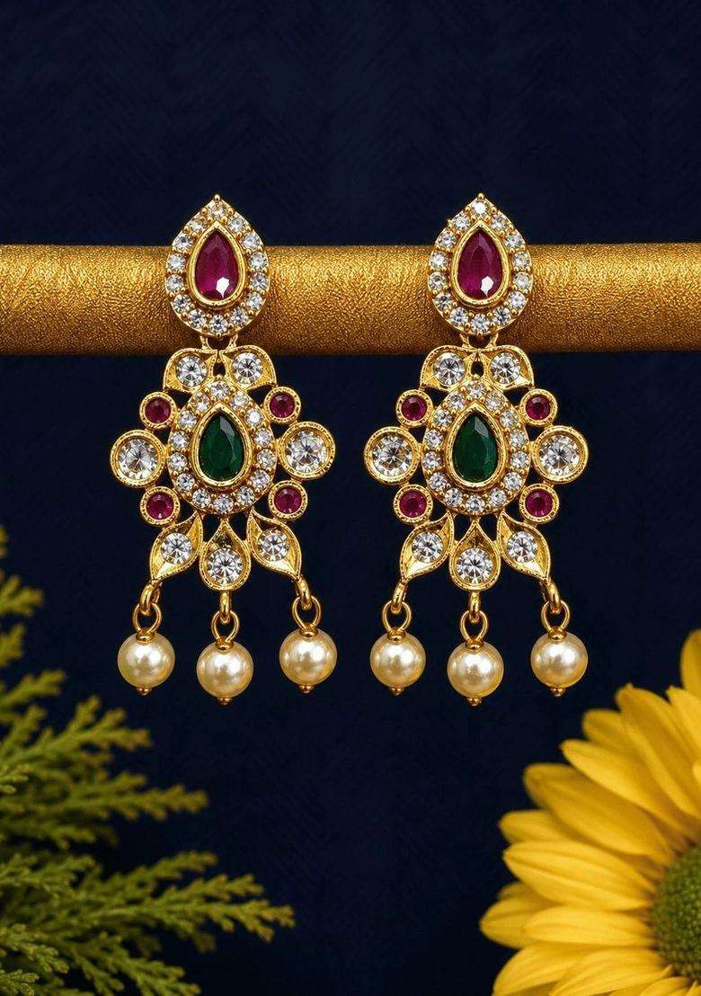 Brass Gold-Plated Necklace with Zircon for Women | Traditional Temple Jewellery for Wedding & Festive Wear | Gift for Her - Indya