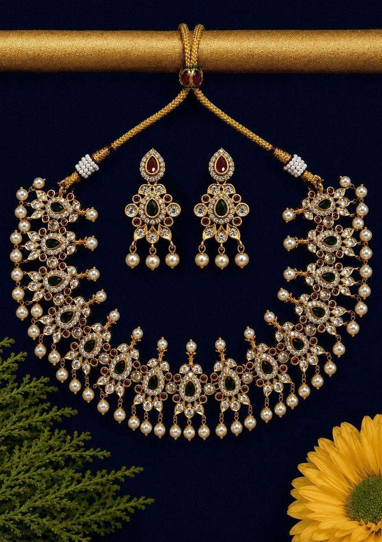 Brass Gold-Plated Necklace with Zircon for Women | Traditional Temple Jewellery for Wedding & Festive Wear | Gift for Her - Indya