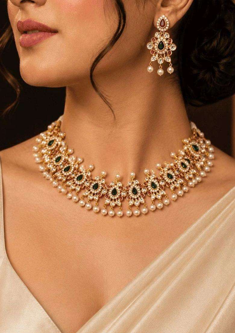 Brass Gold-Plated Necklace with Zircon for Women | Traditional Temple Jewellery for Wedding & Festive Wear | Gift for Her - Indya