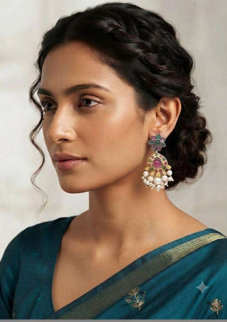 Gold-Plated Floral Drop Earrings for Women | Traditional Temple Jewellery for Wedding & Festive Wear | Gift for Her - Indya