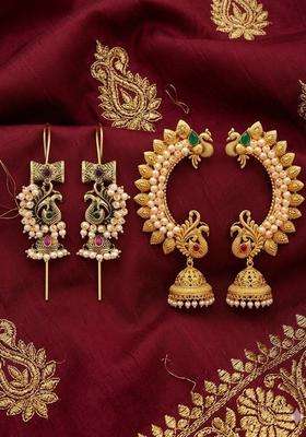 Gold-Plated Peacock Shaped Ear Cuff Earrings with Pearl for Women | Traditional Temple Jewellery for Wedding & Festive Wear | Gift for Her